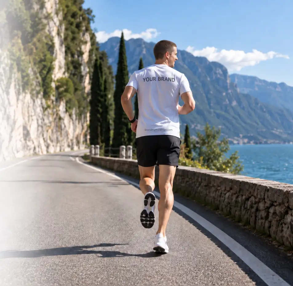 Runner training on a lakeside road above Lake Garda